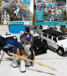 Size: 2800x3150 | Tagged: safe, artist:dingopatagonico, imported from derpibooru, shining armor, pony, car, guardians of harmony, irl, lance, land rover, land rover defender, photo, solo, toy, weapon