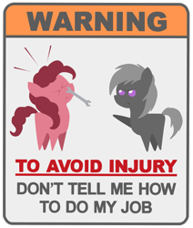 Size: 2119x2500 | Tagged: safe, artist:virenth, imported from derpibooru, pinkie pie, earth pony, pony, abuse, generic pony, pinkiebuse, pointy ponies, ponified, throwing, violence, warning sign, wrench