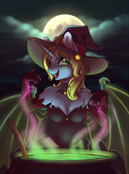 Size: 1100x1486 | Tagged: safe, artist:28gooddays, imported from derpibooru, oc, oc only, oc:art's desire, anthro, unicorn, anthro oc, breasts, choker, cleavage, clothes, female, gloves, hat, long gloves, mare, solo, witch costume, witch hat, ych result