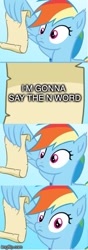 Size: 211x600 | Tagged: safe, edit, edited screencap, imported from derpibooru, screencap, rainbow dash, pegasus, pony, grannies gone wild, exploitable meme, i'm going to say the n word, i'm gonna say the n-word, meme, n word, racial slur, racist slur, rainbow dash reading a scroll