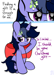 Size: 4000x5581 | Tagged: safe, artist:kimjoman, artist:php142, imported from derpibooru, oc, oc only, oc:purple flix, pony, unicorn, christmas, holiday, looking at you, male, mistletoe, ribbon, shy, sitting, solo, text