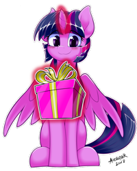 Size: 600x750 | Tagged: safe, artist:iloota, imported from derpibooru, twilight sparkle, alicorn, pony, christmas, cute, female, gift giving, glowing horn, holiday, levitation, looking at you, magic, mare, outline, present, simple background, sitting, smiling, solo, spread wings, telekinesis, transparent background, twiabetes, twilight sparkle (alicorn), white outline, wings