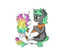 Size: 2800x2400 | Tagged: safe, artist:ctea_coffee, artist:desmond-deng, imported from derpibooru, oc, oc only, oc:aurora twinkle, oc:rosecloud dreamy, alicorn, pony, unicorn, 2019 community collab, derpibooru community collaboration, alicorn oc, duo, eye contact, looking at each other, simple background, sitting, smiling, transparent background