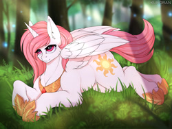 Size: 4000x3000 | Tagged: safe, artist:kuroran, imported from derpibooru, princess celestia, alicorn, pony, :3, cheek fluff, chest fluff, collar, crepuscular rays, cute, cutelestia, ear fluff, female, forest, grass, heart eyes, jewelry, lidded eyes, looking up, mare, missing accessory, nature, necklace, pink-mane celestia, prone, rcf community, reflection, regalia, smiling, solo, spread wings, wing fluff, wingding eyes, wings