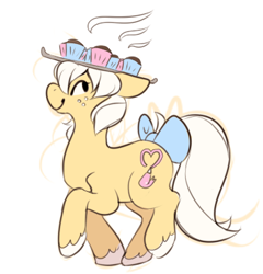 Size: 349x363 | Tagged: safe, artist:bananasmores, imported from derpibooru, oc, oc only, oc:buttercreme, earth pony, pony, bow, cupcake, female, food, head carry, solo, tail bow