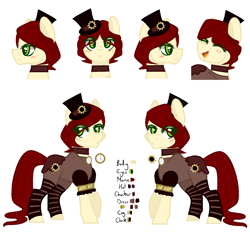 Size: 1500x1400 | Tagged: safe, artist:fulicioustm, artist:kookiebeatz, imported from derpibooru, oc, oc only, oc:steam craft, earth pony, pony, base used, blushing, choker, clock, clothes, dress, eyes closed, female, hat, mare, open mouth, reference sheet, simple background, socks, solo, steampunk, striped socks, top hat, white background