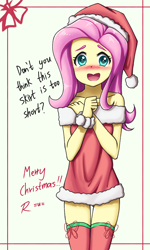 Size: 750x1250 | Tagged: safe, artist:tastyrainbow, imported from derpibooru, fluttershy, equestria girls, anime, blue eyes, blushing, christmas, clothes, costume, cute, dress, female, holiday, pretty, santa costume, shy, shyabetes, skirt, socks, solo, stockings, thigh highs