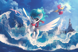 Size: 3000x2000 | Tagged: safe, artist:freeedon, imported from derpibooru, oc, oc only, oc:cynosura, oc:katie, pegasus, pony, seagull, clothes, cloud, digital art, duo, female, flying, high res, mare, non-pony oc, ocean, scarf, signature, sky, smiling, smirk, spread wings, surfing, water, wings