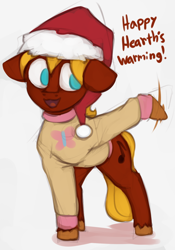 Size: 952x1361 | Tagged: safe, artist:marsminer, imported from derpibooru, oc, oc only, oc:soul harmony, earth pony, pony, christmas, clothes, hat, holiday, male, santa hat, shirt, solo, speech, stallion