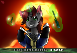 Size: 1500x1024 | Tagged: safe, artist:brainiac, imported from derpibooru, oc, oc only, oc:littlepip, pony, unicorn, fallout equestria, balefire bomb, bobby pin, bobbypin, chest fluff, clothes, explosion, fanfic, fanfic art, female, glowing horn, grin, hooves, horn, jumpsuit, levitation, lockpicking, magic, magic aura, mare, megaspell, megaspell explosion, meme, mushroom cloud, nuclear explosion, screwdriver, signature, skyrim lockpick 100, smiling, solo, sparkles, telekinesis, text, vault suit