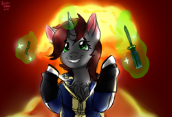 Size: 1500x1024 | Tagged: safe, alternate version, artist:brainiac, derpibooru exclusive, imported from derpibooru, oc, oc only, oc:littlepip, pony, unicorn, fallout equestria, balefire bomb, bobbypin, chest fluff, clothes, explosion, fanfic, fanfic art, female, glowing horn, grin, hooves, horn, jumpsuit, levitation, lockpicking, magic, magic aura, mare, megaspell, megaspell explosion, mushroom cloud, nuclear explosion, screwdriver, signature, smiling, solo, sparkles, telekinesis, vault suit