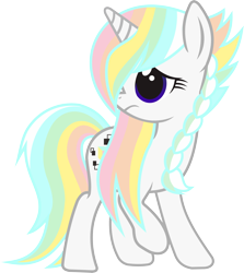 Size: 7013x7845 | Tagged: safe, artist:alphatea, artist:cakonde, imported from derpibooru, oc, oc only, oc:dimy, pony, unicorn, 2019 community collab, derpibooru community collaboration, absurd resolution, braid, female, mare, rainbow hair, raised hoof, shy, simple background, solo, standing, transparent background