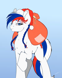 Size: 1800x2250 | Tagged: safe, artist:skitsniga, artist:skitsroom, imported from derpibooru, oc, oc only, oc:marussia, pony, bag, braid, christmas, female, gradient background, hat, holiday, mare, nation ponies, raised hoof, russia, santa hat, santa sack, smiling, solo