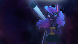 Size: 1920x1080 | Tagged: safe, artist:hierozaki, imported from derpibooru, princess luna, alicorn, pony, semi-anthro, adorkable, book, bow, cute, dork, female, glasses, hair bow, lunabetes, mare, smiling, solo, stars, telescope, younger