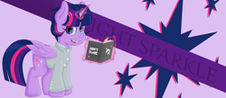 Size: 4998x2175 | Tagged: safe, artist:fearvirus, imported from derpibooru, twilight sparkle, alicorn, pony, alternate hairstyle, book, clothes, female, glasses, shirt, solo, twilight sparkle (alicorn), wallpaper