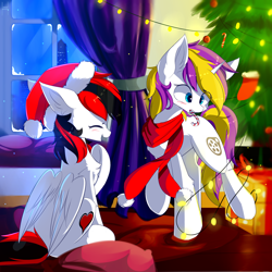 Size: 1800x1800 | Tagged: safe, artist:heddopen, imported from derpibooru, oc, oc only, oc:glittery, oc:sprinkles, pegasus, pony, unicorn, candy, candy cane, chest fluff, christmas, christmas tree, clothes, duo, female, food, hat, holiday, mare, present, santa hat, scarf, smiling, snow, tree, winter