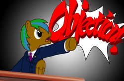 Size: 1000x650 | Tagged: safe, artist:jakubik25, imported from derpibooru, oc, oc only, oc:cloudy bolt, pony, ace attorney, clothes, objection, phoenix wright, pointing, solo, suit