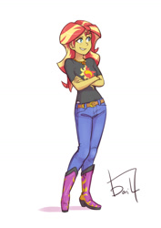 Size: 1024x1449 | Tagged: safe, artist:jurill, imported from derpibooru, sunset shimmer, human, belt, boots, clothes, crossed arms, female, geode of empathy, humanized, jeans, magical geodes, pants, rubber boots, shoes, signature, simple background, smiling, solo, white background