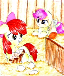 Size: 935x1096 | Tagged: safe, artist:liaaqila, imported from derpibooru, apple bloom, scootaloo, earth pony, pegasus, pony, :t, adorabloom, angry, animal costume, cheek fluff, chest fluff, chicken coop, chicken suit, clothes, costume, cute, cutealoo, egg, female, filly, floppy ears, fluffy, frown, glare, grumpaloo, grumpy, hay, hen, hoof fluff, leg fluff, looking back, madorable, nervous, prone, scootachicken, scootaloo is not amused, spread wings, squee, tail feathers, traditional art, unamused, wings