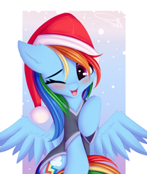 Size: 1166x1384 | Tagged: safe, artist:omi, imported from derpibooru, rainbow dash, pegasus, pony, backwards cutie mark, blushing, christmas, clothes, cute, daaaaaaaaaaaw, dashabetes, female, happy, hat, holiday, mare, one eye closed, open mouth, panties, santa hat, shirt, smiling, solo, sweet dreams fuel, t-shirt, underwear, wink