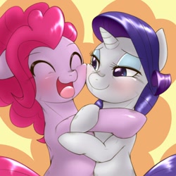 Size: 1536x1536 | Tagged: safe, artist:kurogewapony, imported from derpibooru, pinkie pie, rarity, earth pony, pony, unicorn, blushing, duo, eyes closed, eyeshadow, female, floppy ears, happy, makeup, mare, smiling