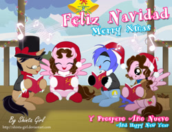 Size: 1280x988 | Tagged: safe, artist:shinta-girl, imported from derpibooru, oc, oc:aaron pony, oc:joshka, oc:shinta pony, angel pony, earth pony, pegasus, pony, unicorn, christmas, group, hat, holiday, jingle bells, santa hat, top hat, vector