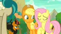 Size: 854x480 | Tagged: safe, edit, edited screencap, imported from derpibooru, screencap, applejack, autumn afternoon, fluttershy, maple brown, pumpkin smoke, rain shine, sparkling brook, earth pony, kirin, pegasus, pony, season 8, sounds of silence, spoiler:s08, animated, balloon, creepy, crossover, doctor who, female, gif, head tilt, human nature, male, mare, nervous grin, smiling, the family of blood
