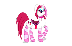 Size: 2341x1476 | Tagged: safe, artist:nightmarerara, imported from derpibooru, cayenne, pony, unicorn, choker, clothes, eyeshadow, female, makeup, mare, raised hoof, saddle, simple background, socks, solo, stockings, striped socks, tack, thigh highs, white background