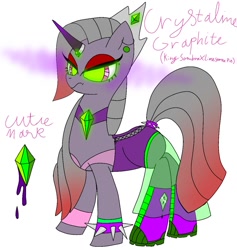 Size: 1175x1240 | Tagged: safe, artist:nightmarerara, imported from derpibooru, oc, oc only, oc:crystaline graphite, pony, unicorn, boots, choker, clothes, corset, crown, crystal, ear piercing, earring, eyeshadow, female, glowing eyes, horn ring, jewelry, makeup, mare, next generation, offspring, parent:king sombra, parent:limestone pie, piercing, regalia, see-through, shoes, simple background, skirt, solo, sombra eyes, spiked wristband, white background, wristband