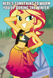 Size: 600x883 | Tagged: safe, edit, edited screencap, imported from derpibooru, screencap, sunset shimmer, equestria girls, equestria girls series, forgotten friendship, caption, clothes, female, geode of empathy, image macro, magical geodes, meme, memeful.com, solo, swimsuit, text