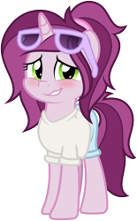 Size: 3000x4835 | Tagged: safe, artist:esfelt, artist:pirill, imported from derpibooru, oc, oc only, oc:lilac prose, pony, unicorn, 2019 community collab, derpibooru community collaboration, absurd resolution, blushing, clothes, collaboration, female, pants, shirt, show accurate, simple background, solo, sunglasses, transparent background, vector