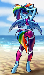 Size: 2444x4093 | Tagged: safe, artist:holivi, imported from derpibooru, rainbow dash, anthro, pegasus, unguligrade anthro, ass, beach, butt, clothes, female, leggings, legs, looking back, mare, pants, rainbutt dash, smiling, solo, sports bra, tight clothing