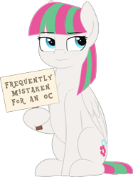 Size: 2646x3544 | Tagged: safe, artist:zippysqrl, imported from derpibooru, blossomforth, oc, oc only, oc:blossomforth, pegasus, pony, 2019 community collab, derpibooru community collaboration, annoyed, female, holding a sign, hoof hold, mare, mistaken identity, not an oc, sign, simple background, sitting, solo, text, transparent background