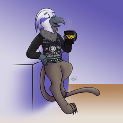 Size: 500x500 | Tagged: safe, artist:wiggles, imported from derpibooru, oc, oc only, oc:jamesy, alien, griffon, xenomorph, chocolate, christmas, christmas sweater, clothes, food, griffon oc, holiday, hot chocolate, male, mug, solo, sweater, weyland-yutani