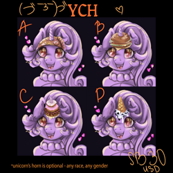 Size: 3500x3500 | Tagged: safe, artist:mdwines, imported from derpibooru, oc, oc only, food pony, original species, pony, unicorn, auction, burger, bust, colored pupils, commission, commission info, cute, donut, ear fluff, fast food, female, food, happy, heart, hooves together, horn impalement, ice cream, jewelry, looking up, mare, meat, necklace, ocbetes, open mouth, pearl necklace, pepperoni, pepperoni pizza, pizza, ponified, portrait, sketch, smiling, solo, wat, ych example, your character here