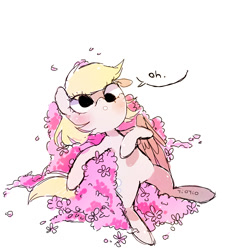 Size: 1500x1500 | Tagged: safe, artist:yioyio, imported from derpibooru, derpy hooves, pony, cute, derpabetes, dialogue, female, flower, one word, simple background, solo, speech bubble, white background