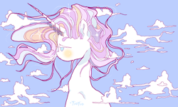 Size: 854x512 | Tagged: safe, artist:yioyio, imported from derpibooru, rarity, pony, unicorn, alternate hairstyle, beautiful, cloud, female, multicolored hair, profile, sky, solo