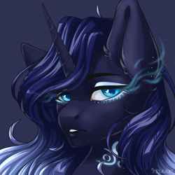 Size: 2512x2512 | Tagged: safe, artist:pesaart, imported from derpibooru, oc, oc only, oc:mystic shadow, pony, unicorn, bust, female, horn, looking at you, mare, portrait, simple background, solo