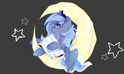 Size: 1023x614 | Tagged: safe, artist:yioyio, imported from derpibooru, princess luna, alicorn, pony, crescent moon, crown, cute, deviantart watermark, female, filly, jewelry, lunabetes, moon, obtrusive watermark, pillow, profile, regalia, solo, starry mane, stars, tangible heavenly object, transparent moon, watermark, woona, younger