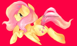 Size: 1600x960 | Tagged: safe, artist:yioyio, imported from derpibooru, fluttershy, pegasus, pony, cute, female, no pupils, profile, prone, red background, shyabetes, simple background, solo, spread wings, wings