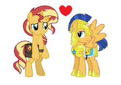 Size: 272x192 | Tagged: safe, edit, imported from derpibooru, flash sentry, sunset shimmer, pegasus, pony, unicorn, female, flashimmer, hoof shoes, male, rearing, saddle bag, shipping, simple background, straight, white background