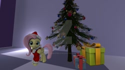 Size: 1024x576 | Tagged: safe, artist:juanjobelic, imported from derpibooru, fluttershy, pony, christmas, christmas tree, female, hat, holiday, obtrusive watermark, present, santa hat, solo, tree, watermark