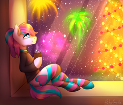 Size: 2000x1700 | Tagged: safe, artist:cornelia_nelson, imported from derpibooru, oc, oc only, oc:panda shade, semi-anthro, clothes, cup, fireworks, hoodie, socks, solo, striped socks