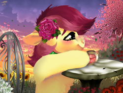 Size: 1600x1200 | Tagged: safe, artist:brainiac, imported from derpibooru, roseluck, earth pony, pony, blushing, cherry blossoms (flower), chest fluff, collar, cosmos (flower), digital art, evening, female, floppy ears, flower, flower blossom, flower in hair, fluffy, frog (hoof), horseshoes, leaves, lilly (flower), marble table, mare, outdoors, pet play, petals, pony pet, poppy, poppy (flower), rosepet, signature, smiling, solo, sunflower (flower), sunset, table, tree, underhoof