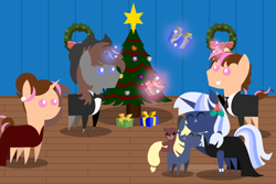 Size: 6000x4000 | Tagged: safe, artist:steampunk-brony, imported from derpibooru, oc, oc only, oc:ellison, oc:pink rose, oc:silverlay, oc:steamy, oc:think pink, original species, pony, unicorn, absurd resolution, christmas, christmas tree, cute, female, holiday, hug, magic, male, mare, mother and daughter, parents:silverjack, pointy ponies, rule 63, stallion, teddy bear, tree, umbra pony