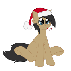 Size: 1033x1036 | Tagged: safe, artist:deusexkittycoon, imported from derpibooru, oc, oc only, oc:cogs fixmore, earth pony, pony, 2019 community collab, derpibooru community collaboration, candy, candy cane, christmas, food, hat, holiday, santa hat, simple background, solo, transparent background