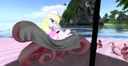 Size: 1920x1001 | Tagged: safe, imported from derpibooru, oc, oc:solari melody, semi-anthro, anti social social club, beach, beachside, cap, hat, palm tree, pink, sand, second life, tree, water