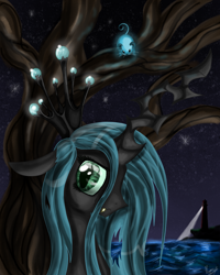 Size: 800x1000 | Tagged: source needed, safe, artist:hilloty, imported from derpibooru, queen chrysalis, changeling, changeling queen, mouse, pony, cute, cutealis, female, lighthouse, night, ocean, solo, tree