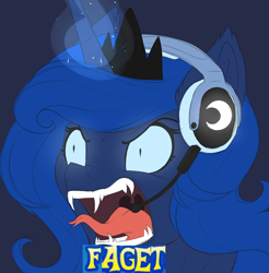 Size: 800x813 | Tagged: safe, artist:evehly, edit, imported from derpibooru, princess luna, alicorn, pony, gamer luna, angry, caption, expand dong, exploitable meme, faget, fangs, female, forked tongue, image macro, mare, meme, rage, reaction image, solo, text, tongue out, vulgar