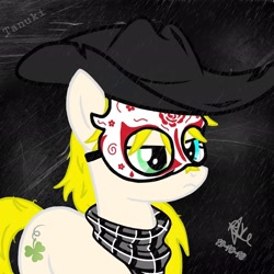Size: 2048x2048 | Tagged: safe, artist:kobato98, imported from derpibooru, oc, oc only, oc:klever, earth pony, pony, black background, cowboy hat, female, handkerchief, hat, heterochromia, mask, ponified, simple background, solo
